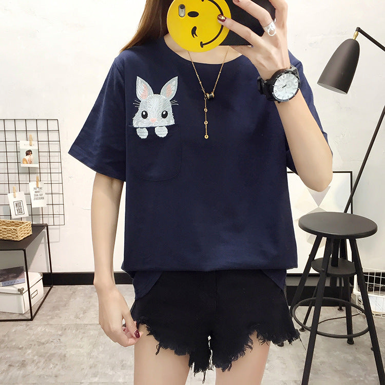 Embroidered Rabbit Short Sleeve T-Shirt for Women