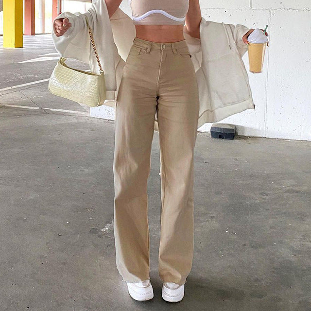 Women’s Trendy Wide-Leg Casual Jeans – Cotton-Blend Straight-Leg Pants in Khaki, Black & Brown, S–L