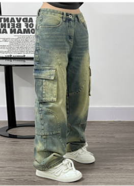 Women’s Deconstructed Washed Wide-Leg Jeans – High-Quality Blue Denim with Pocket Details, S–XL