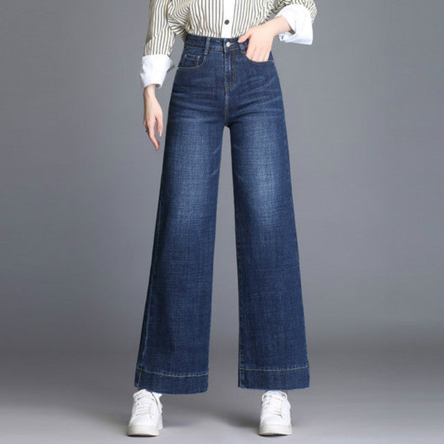 Women’s High-Waist Wide-Leg Ripped Jeans – Cotton Boyfriend Denim in Sky Blue & Blue, Sizes 26–33