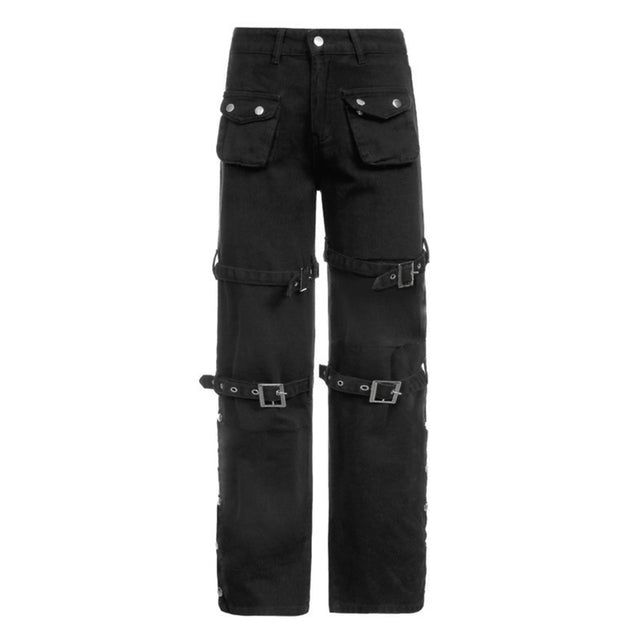 Women’s Black High-Waist Cargo Jeans – Multi-Pocket Straight-Leg Denim with Metal Buckle Belt, S–XL