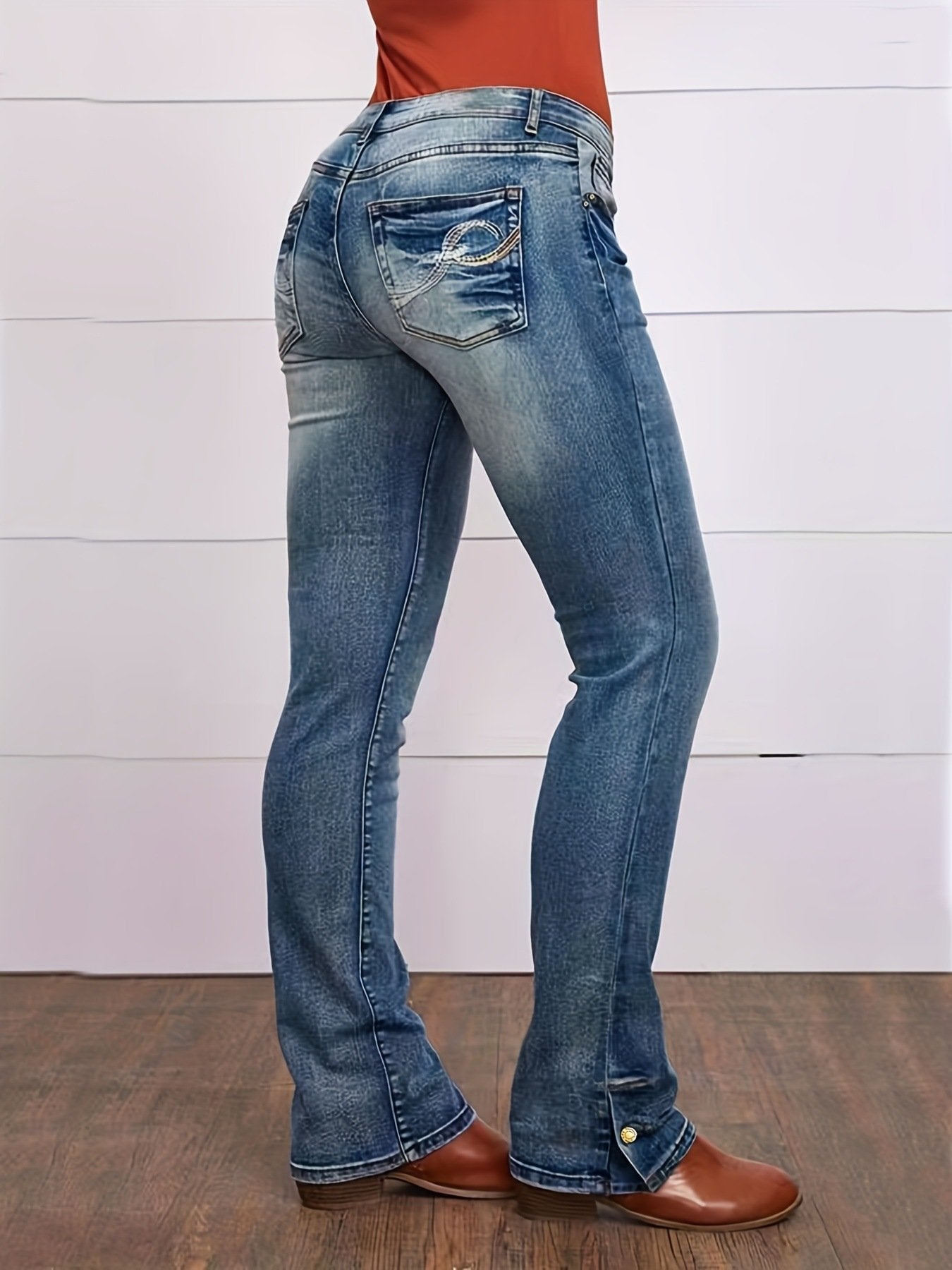 Women’s Embroidered Casual Jeans – Cotton Low-Waist Stretch Denim in Light Blue, Dark Blue & Black, XS–2XL