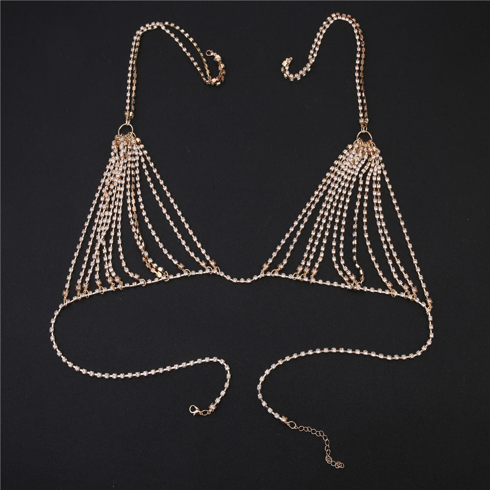 Women’s Exaggerated Rhinestone Body Chain – Diamond-Encrusted Bikini Necklace, Gold & Silver