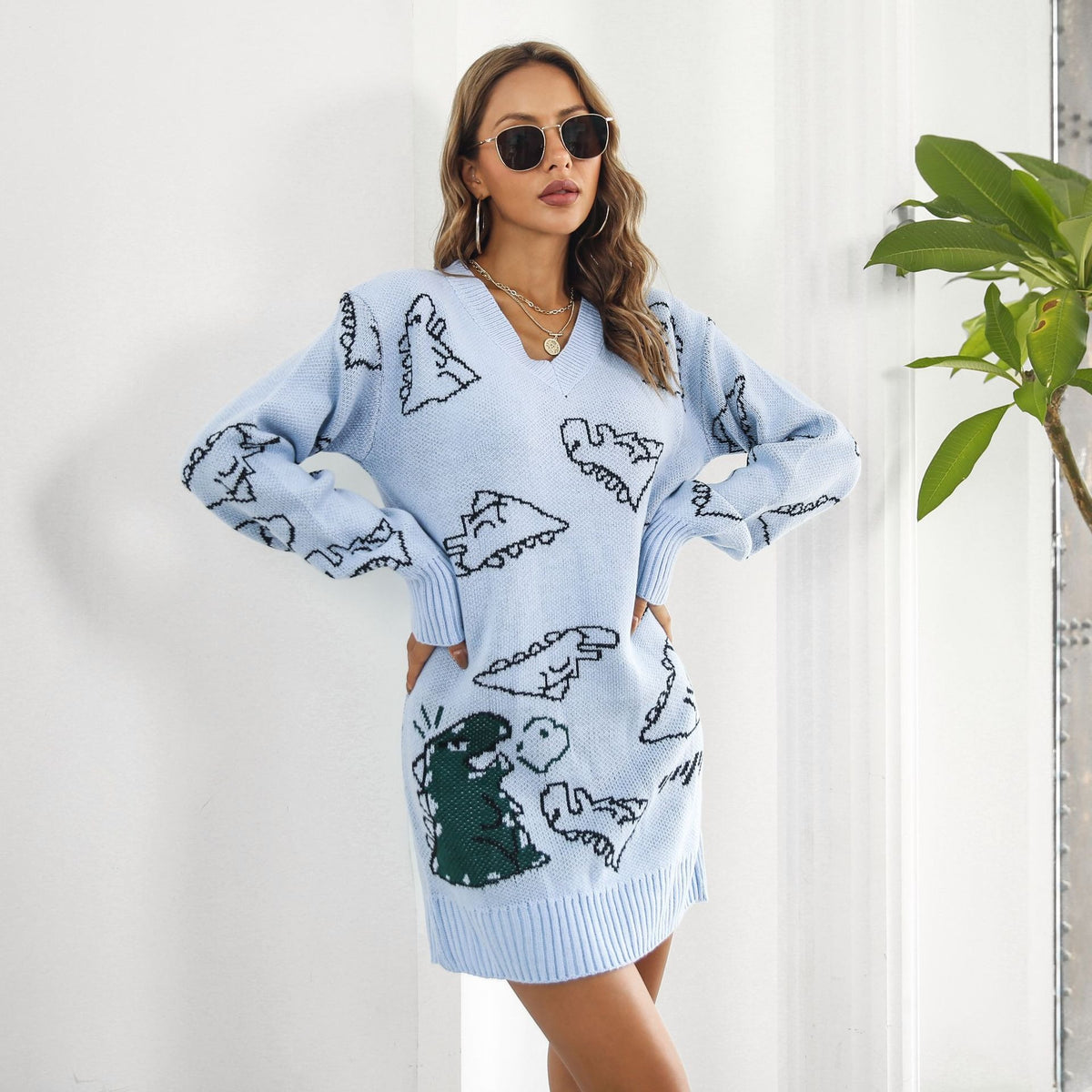 Women’s Dinosaur Cartoon V-Neck Sweater Dress – Jacquard Loose Knit Lantern Sleeve Dress, Blue & Green, S–L