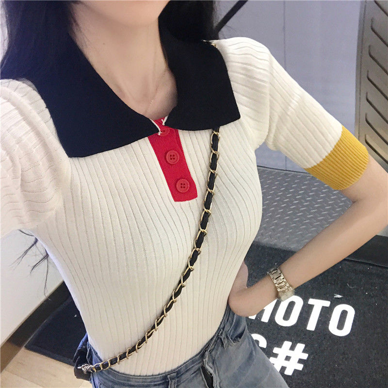 Fashion Color Block Sweet Knit Polo T-Shirt for Women