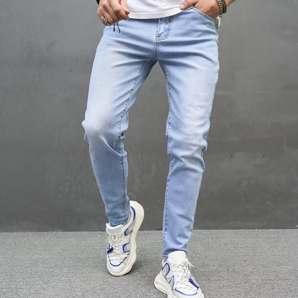 Men’s Skinny Stretch Jeans – Mid-Waist Light Blue Slim Denim Pants, XS–XXL