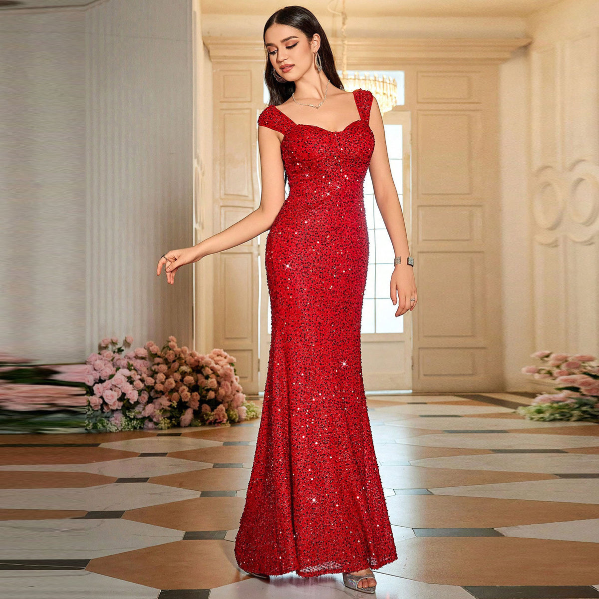 Women's V-Neck Sequin Mermaid Evening Dress – Elegant Formal Gown