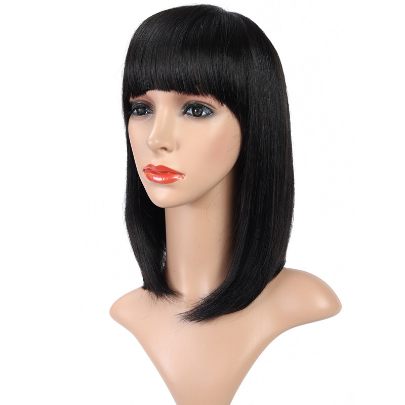 European & American Bob Wig with Bangs – Real Hair Straight Wig, 6–16 Inch