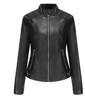 Women’s Black Faux Leather Jacket – Slim Long Sleeve Stand Collar Jacket, S–3XL
