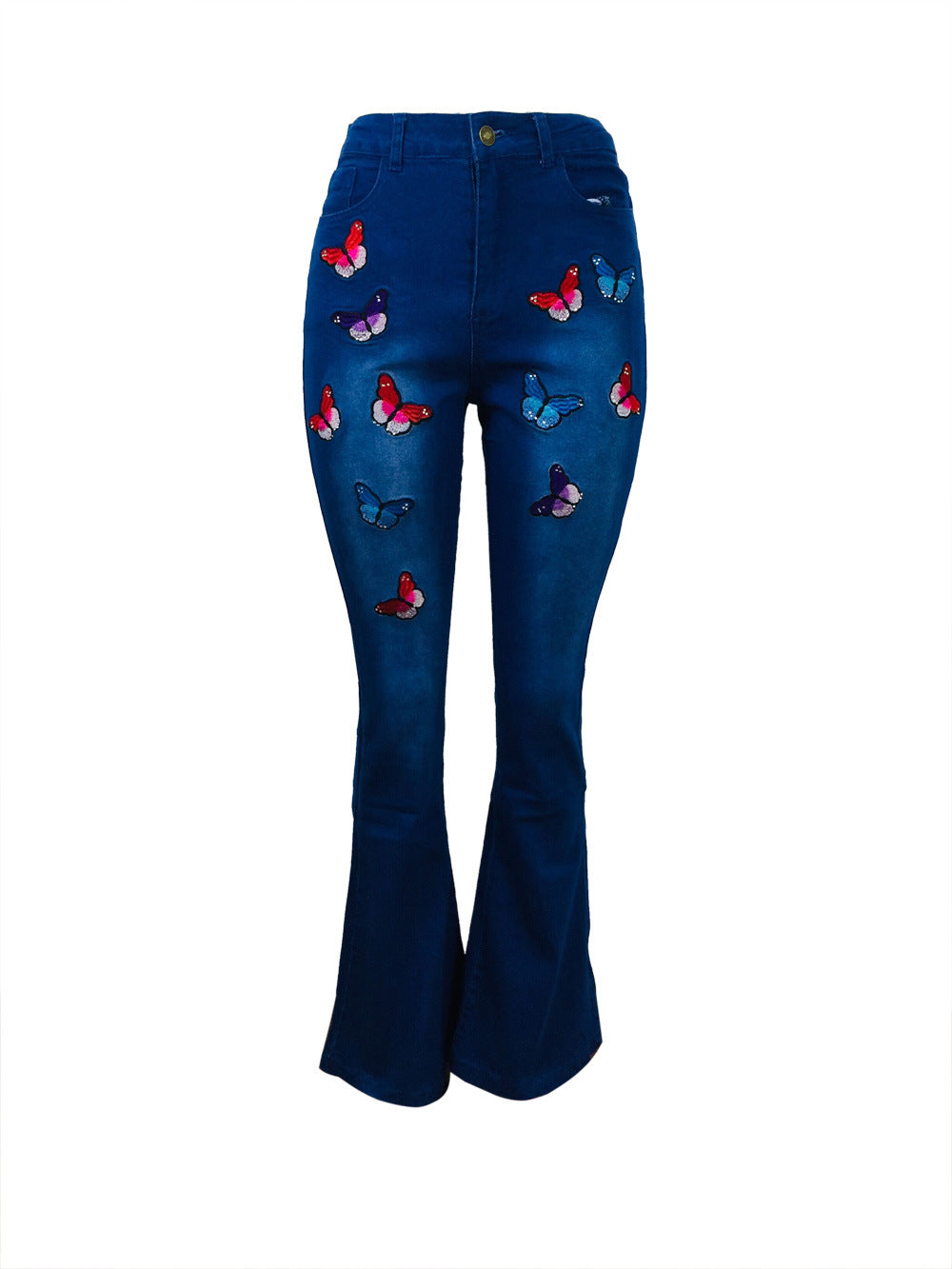 Women’s Embroidered Butterfly Rhinestone Flare Jeans – Blue Wide-Leg Statement Denim, S–3XL